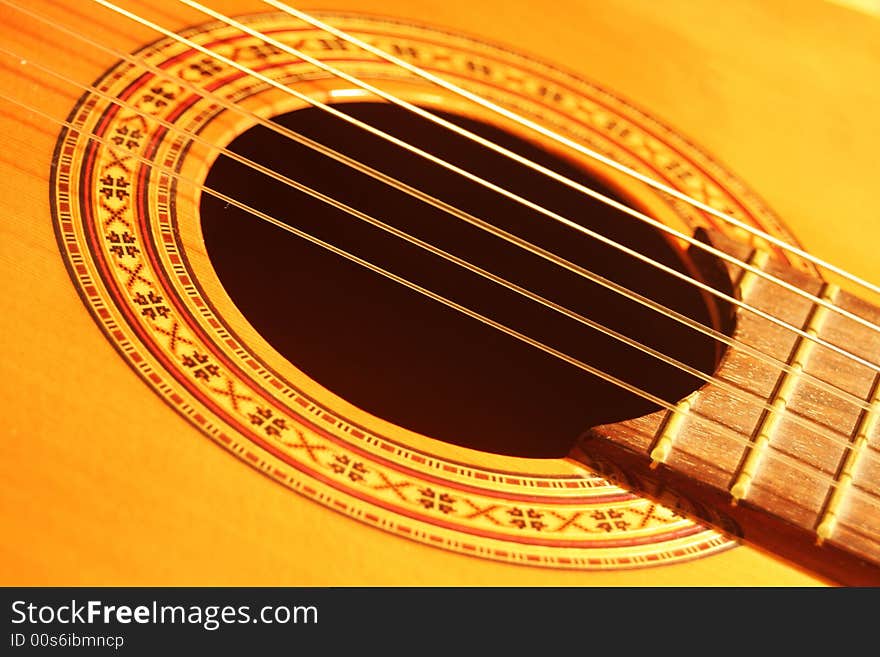 Spanish guitar, Strings and hole. Spanish guitar, Strings and hole.