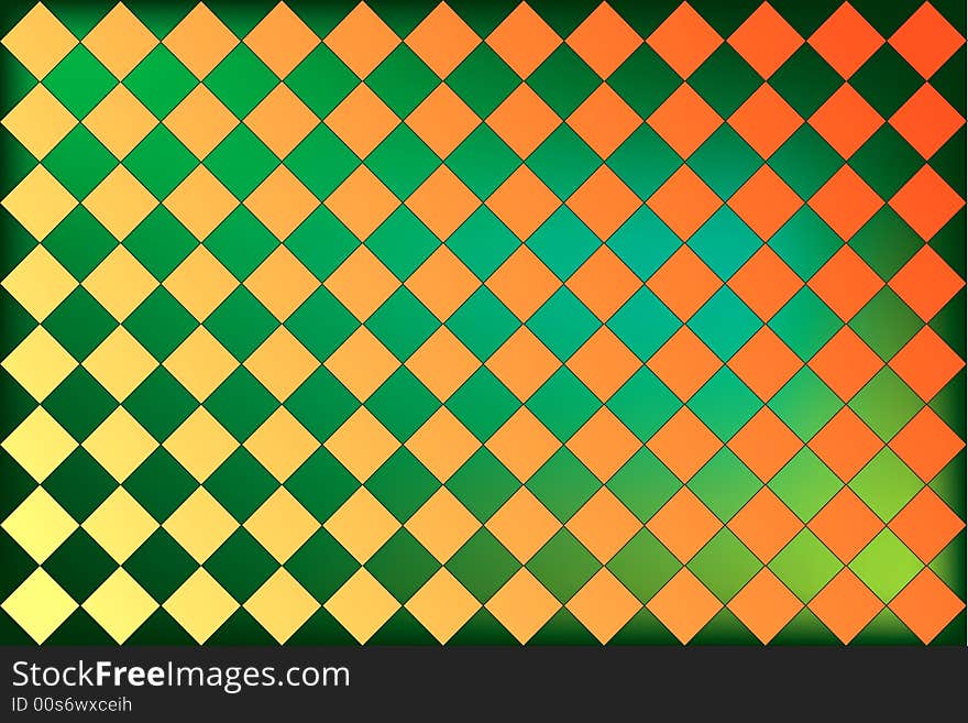 Checkered/argyle pattern with forest green edges and gradients crossing in the orange, green color scheme. Checkered/argyle pattern with forest green edges and gradients crossing in the orange, green color scheme.