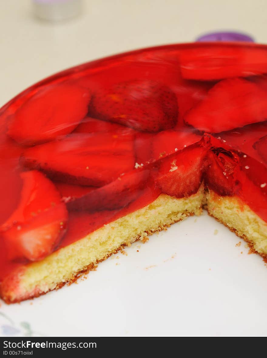 Close-up of a slice of strawberry brithday cake