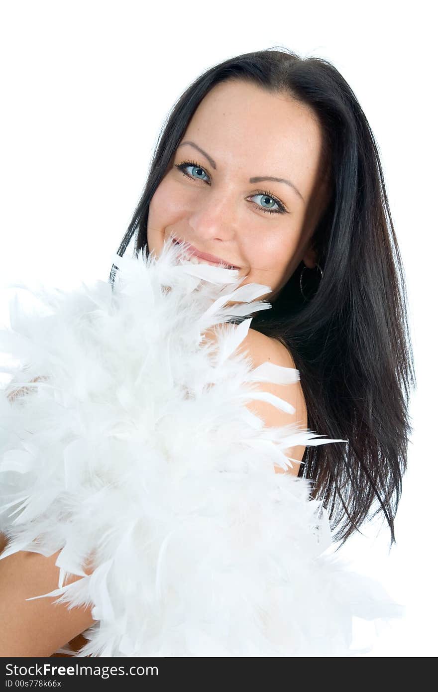 Portrait of the brunette with blue eye on white background