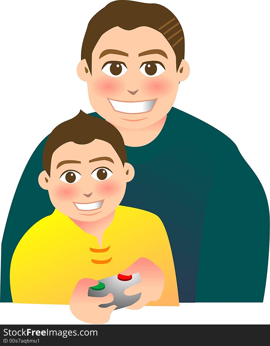 Vector illustration for a relationship for father and son, playing video game