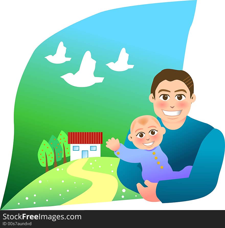 Vector illustration for a relationship for father and son with a sweet home background