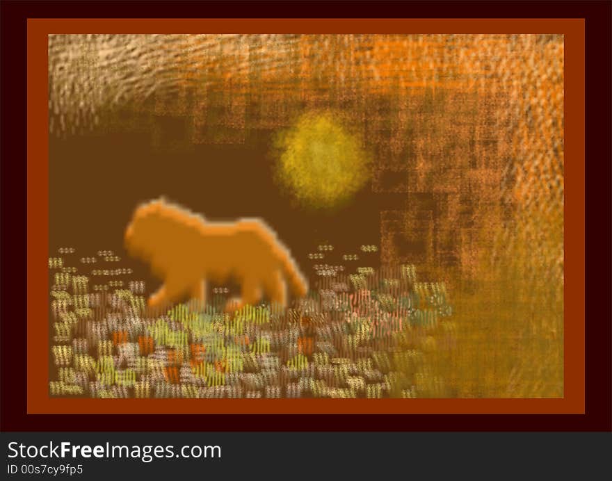 Painting created in Corel Photopaint with Lion walking in the sun.