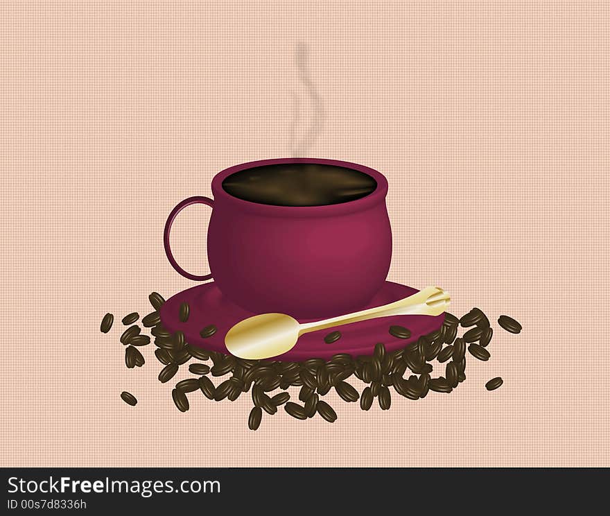 Illustration of espresso coffee and beans on pattern background. Illustration of espresso coffee and beans on pattern background