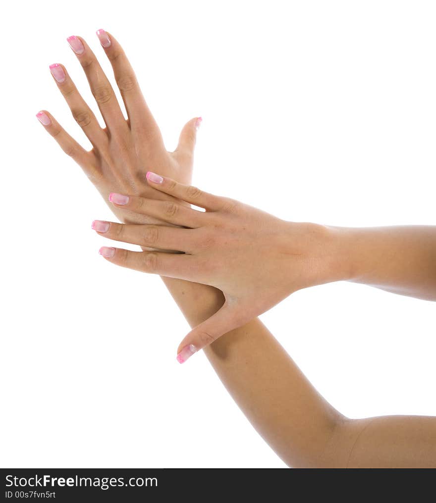 Woman hand on white background