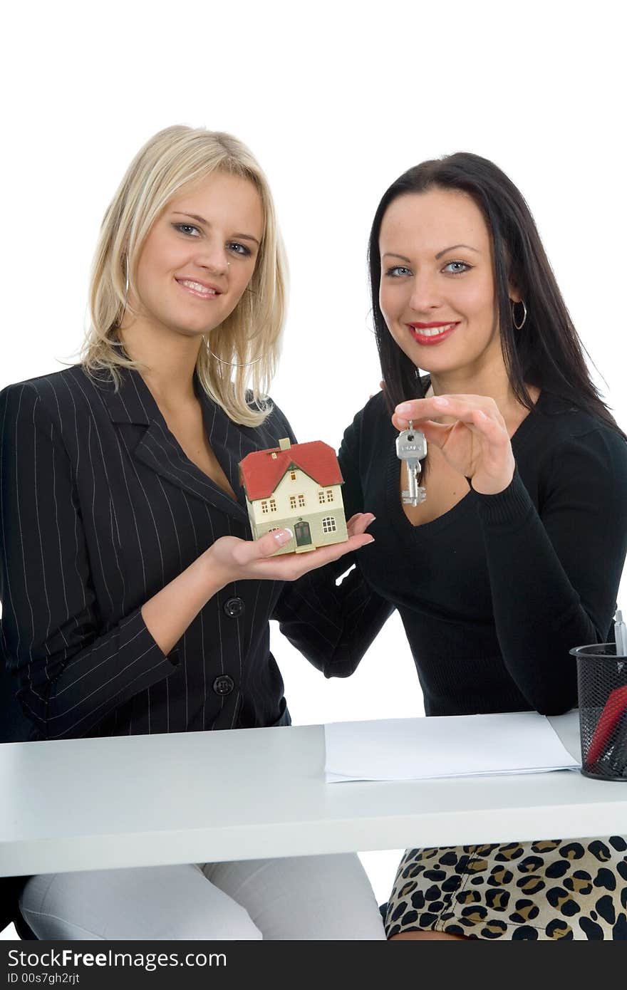 Business women advertises real estate on  white background