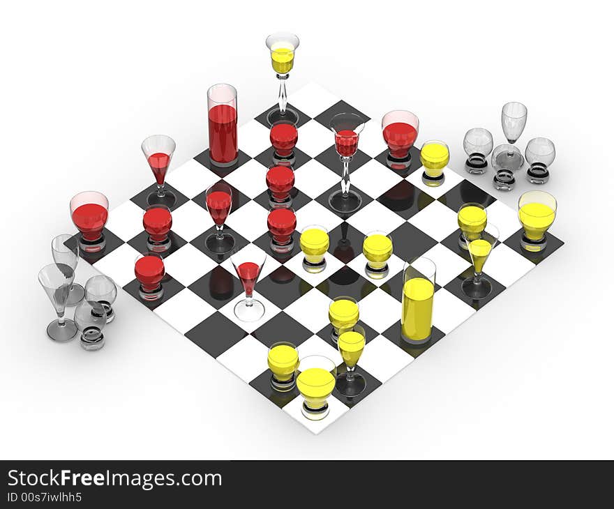 Chessboard with the wine filled glasses on a white background. Game in a full heat, already is losses from both sides. Chessboard with the wine filled glasses on a white background. Game in a full heat, already is losses from both sides.