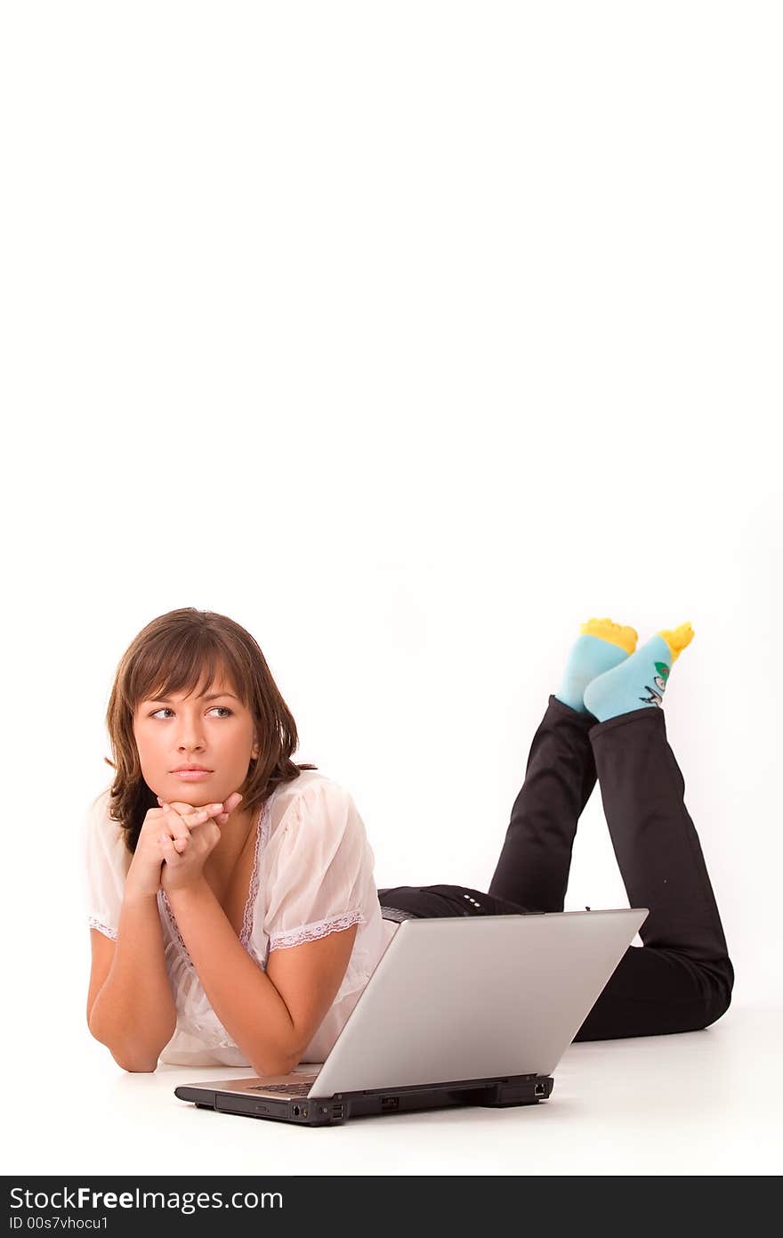 Nice caucasian girl with laptop isolated on white. Nice caucasian girl with laptop isolated on white