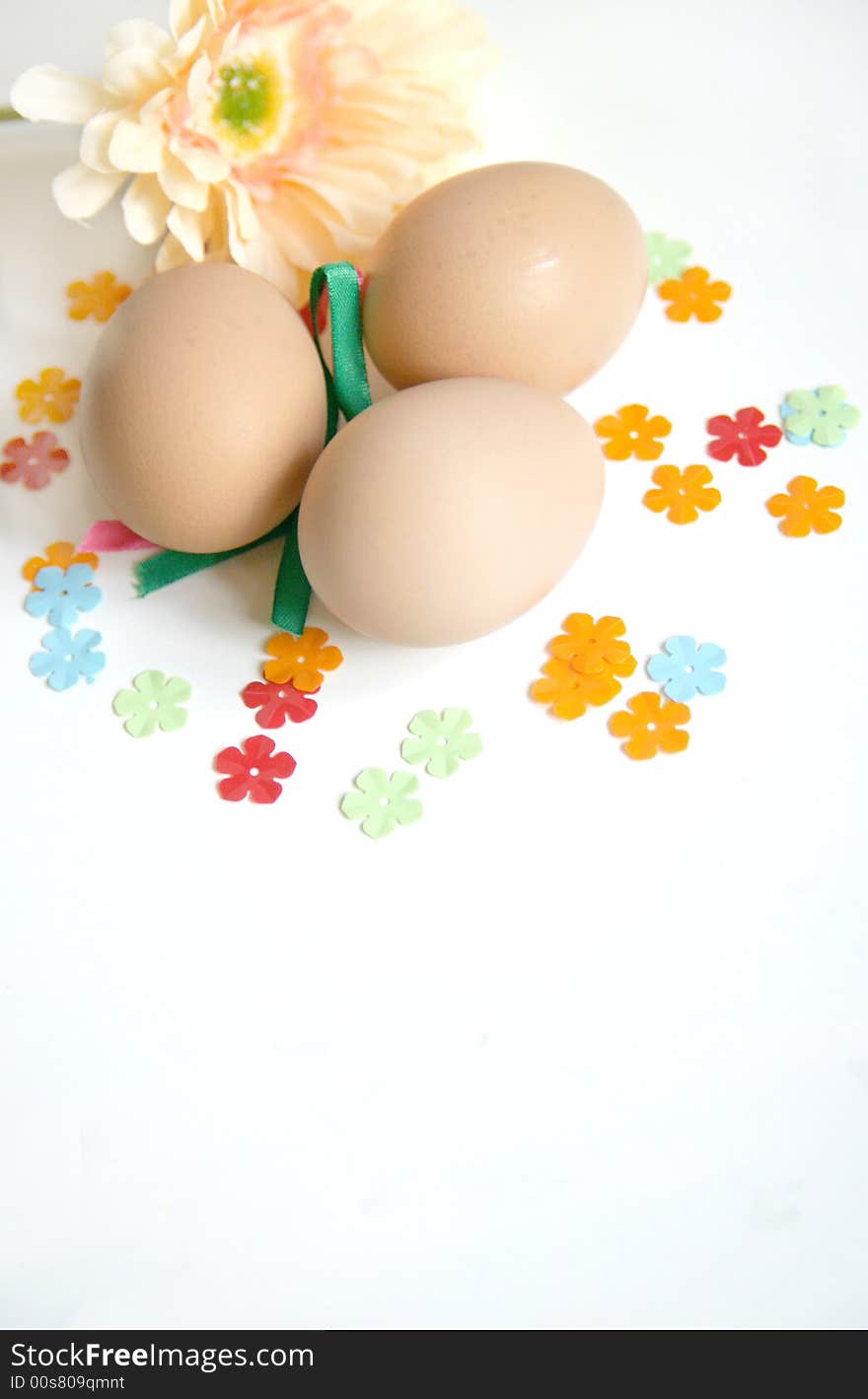 Fun of easter time explored with eggs, spring flower and decorations on isolated white background