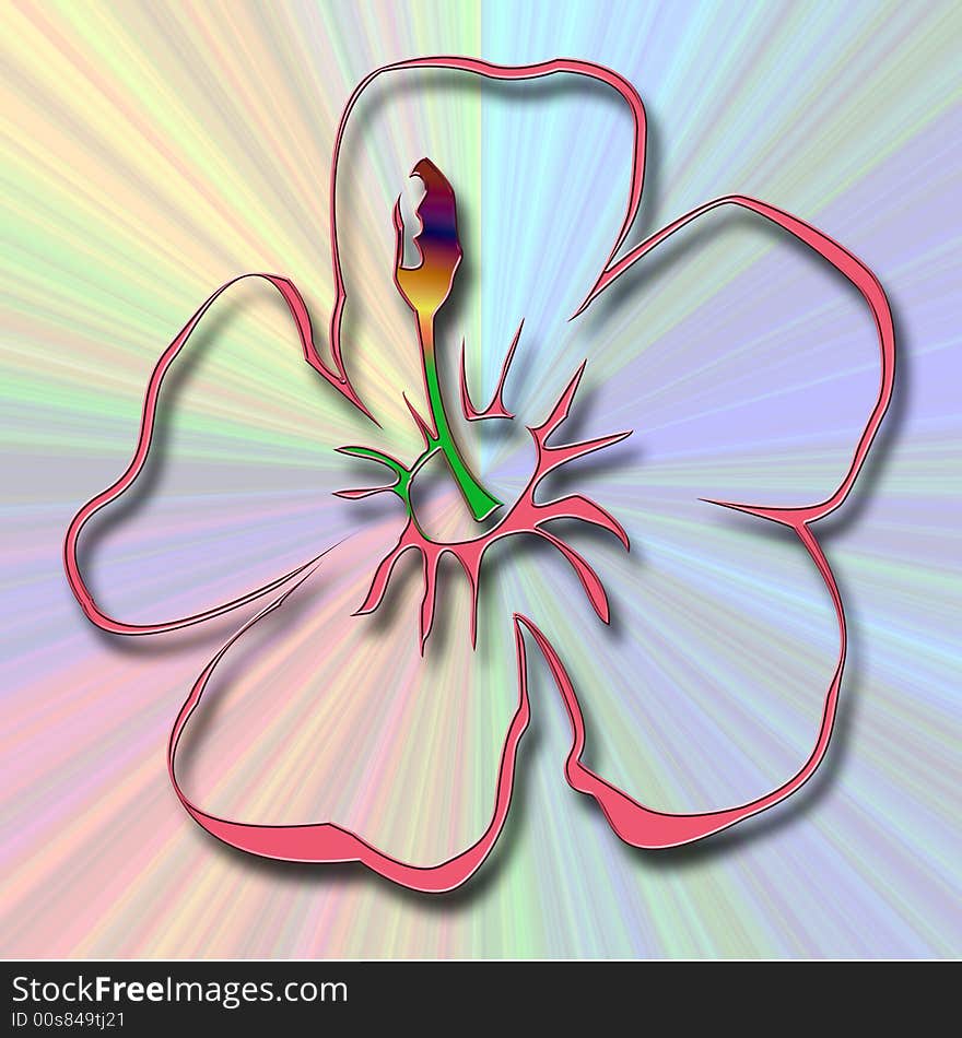 Abstract pink flower on multicolored radiating background in pastel colors