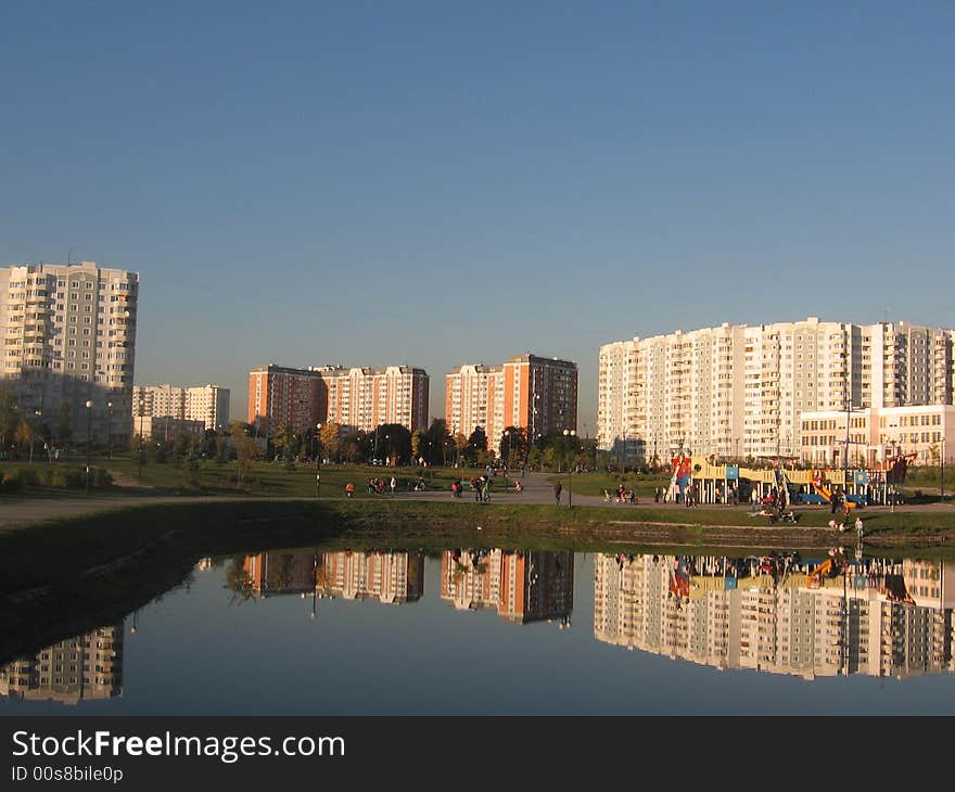 City park, reflection of architecture, pond