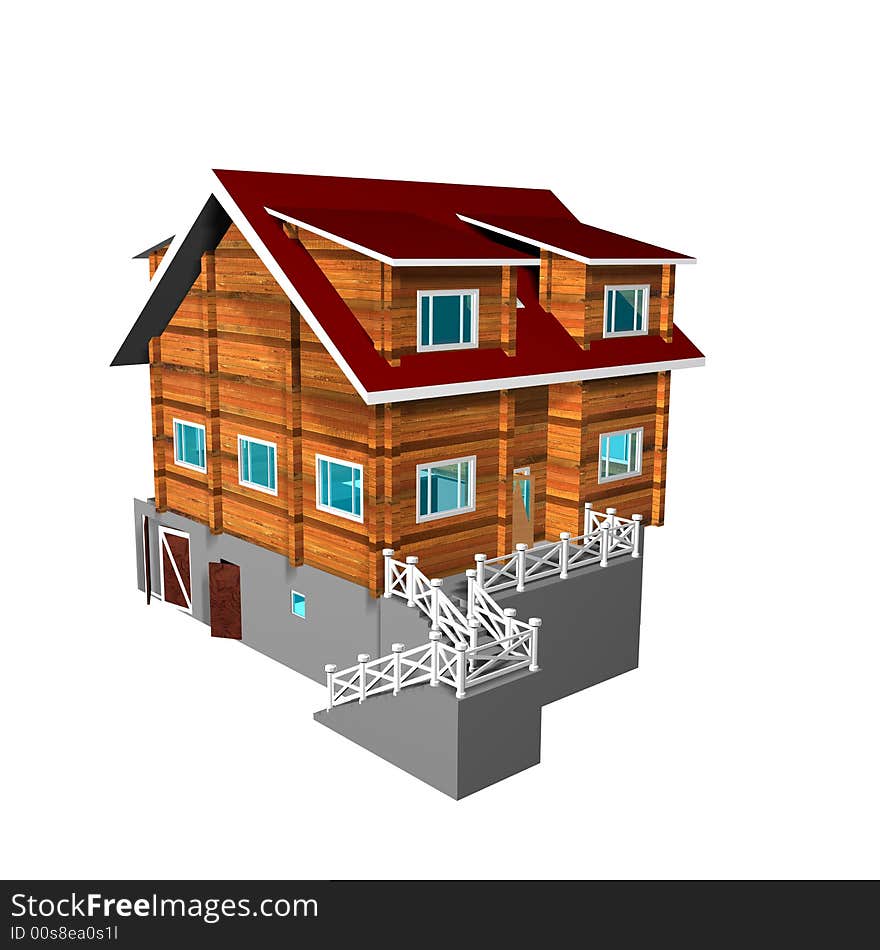 Wooden house on a white background. 3D image. Isolated illustrations.