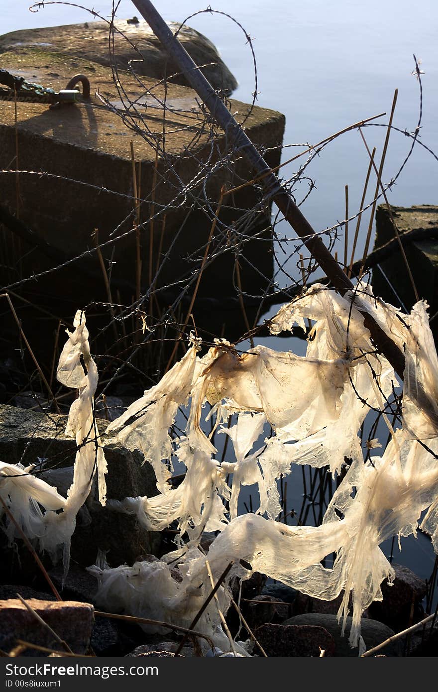 Barb wire and trash by the sea