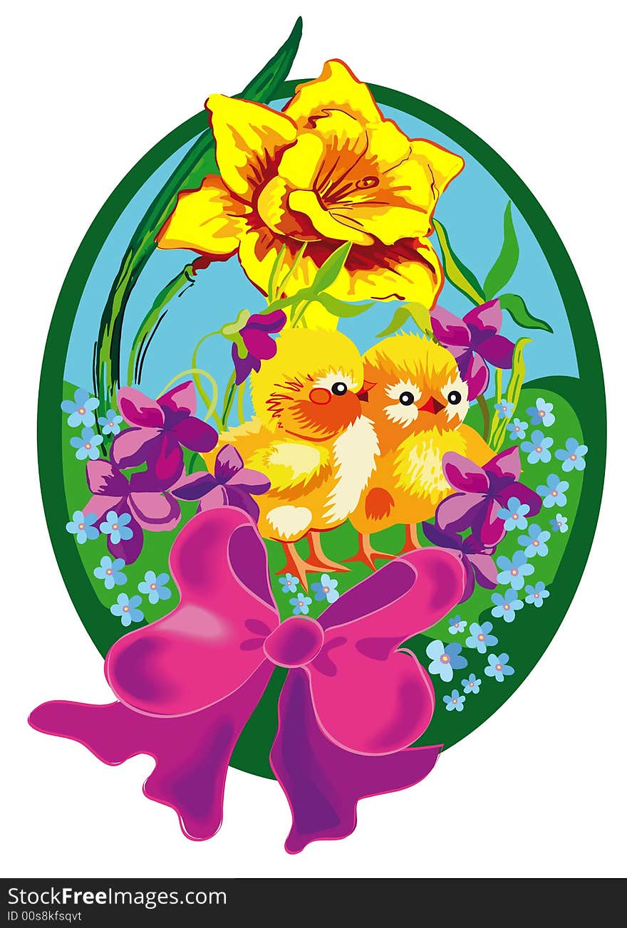 Easter of egg with two chickens in spring flowers. Easter of egg with two chickens in spring flowers