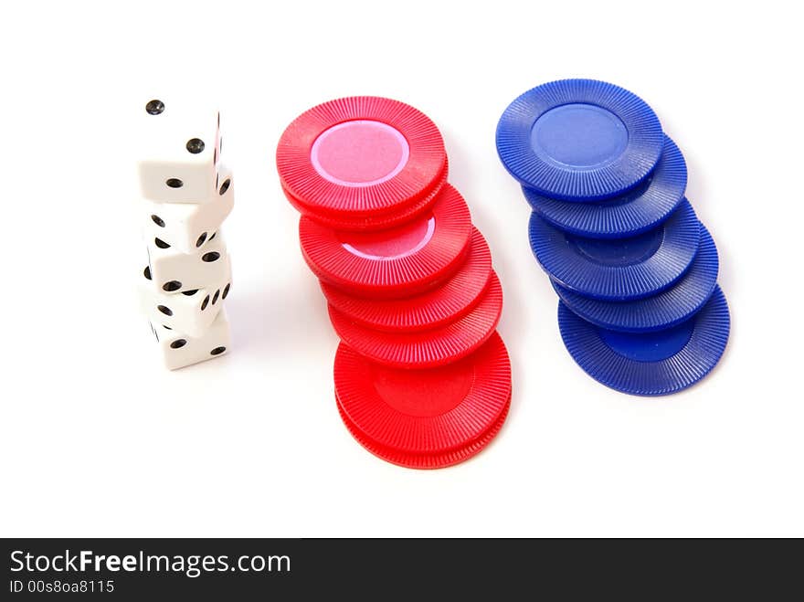 Multiple white dice with red and blue poker or game chips. Full deep depth. Multiple white dice with red and blue poker or game chips. Full deep depth.