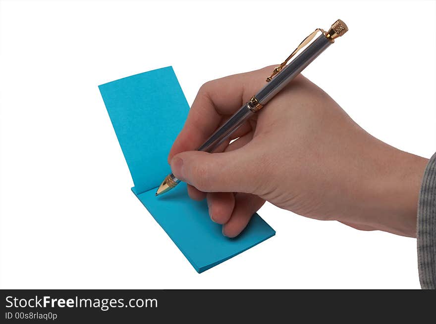 Hand writing in blue notebook. Hand writing in blue notebook