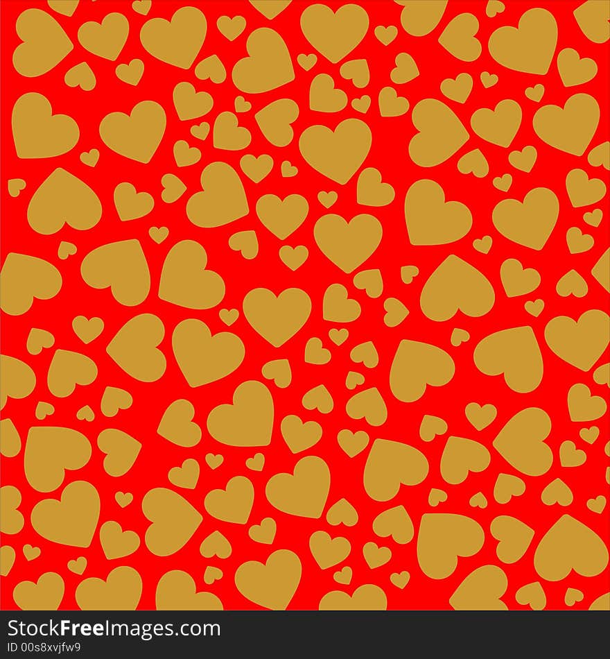 Bright golden hearts on the red background