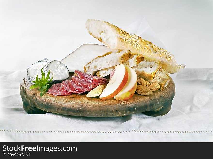 Wine cheese bread and fruits