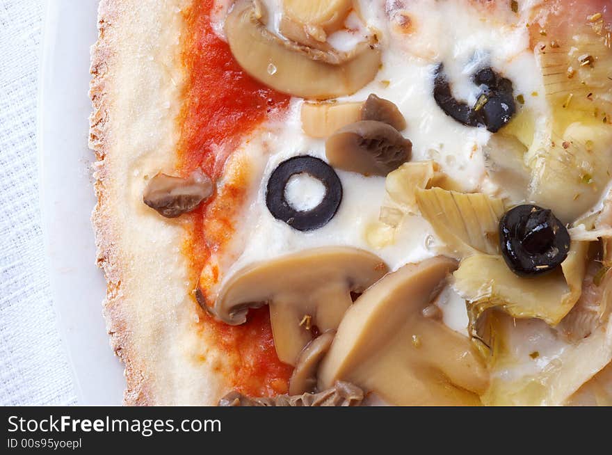 Extreme closeup of Italian pizza, selective focus