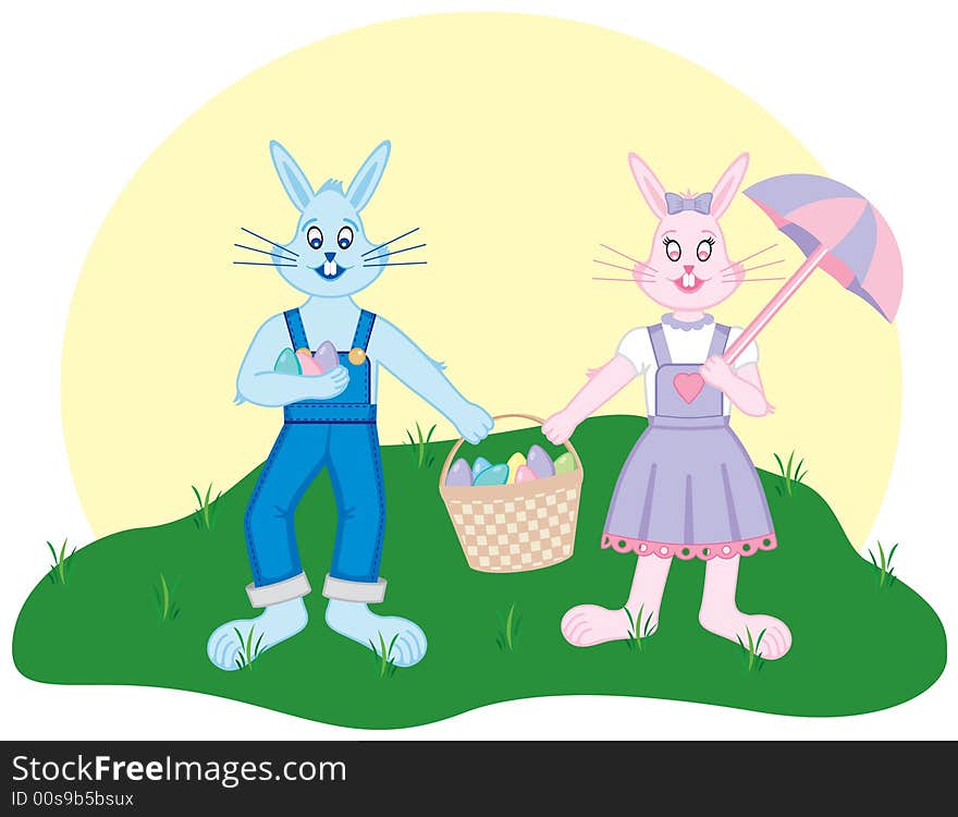 A boy and girl bunny gather Easter eggs in their basket. EPS8 vector file also available. A boy and girl bunny gather Easter eggs in their basket. EPS8 vector file also available.