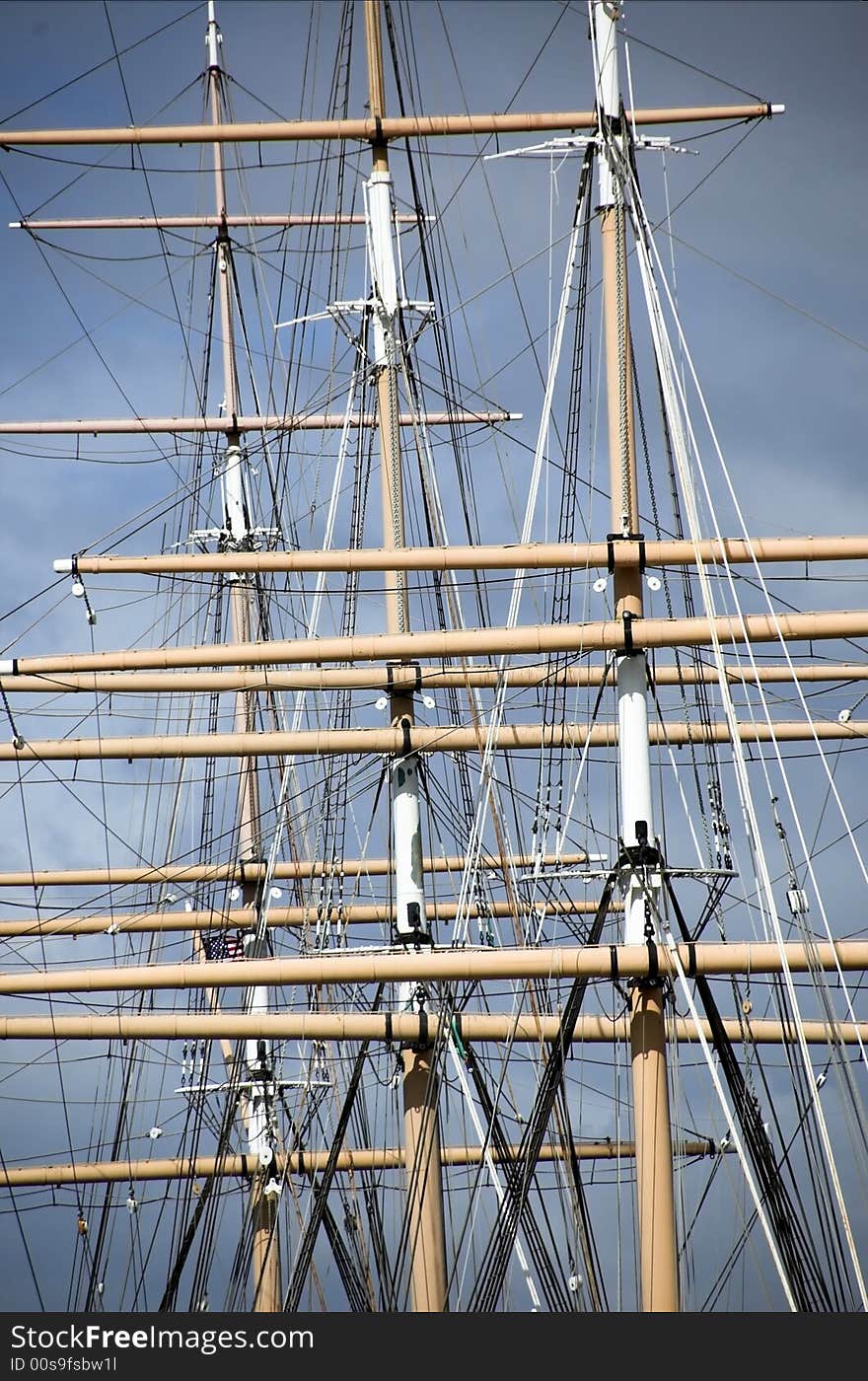 Masts and rigging of the newly restored schooner Alma,  which is anchored at the Hyde Street Pier in San Francisco. Masts and rigging of the newly restored schooner Alma,  which is anchored at the Hyde Street Pier in San Francisco.