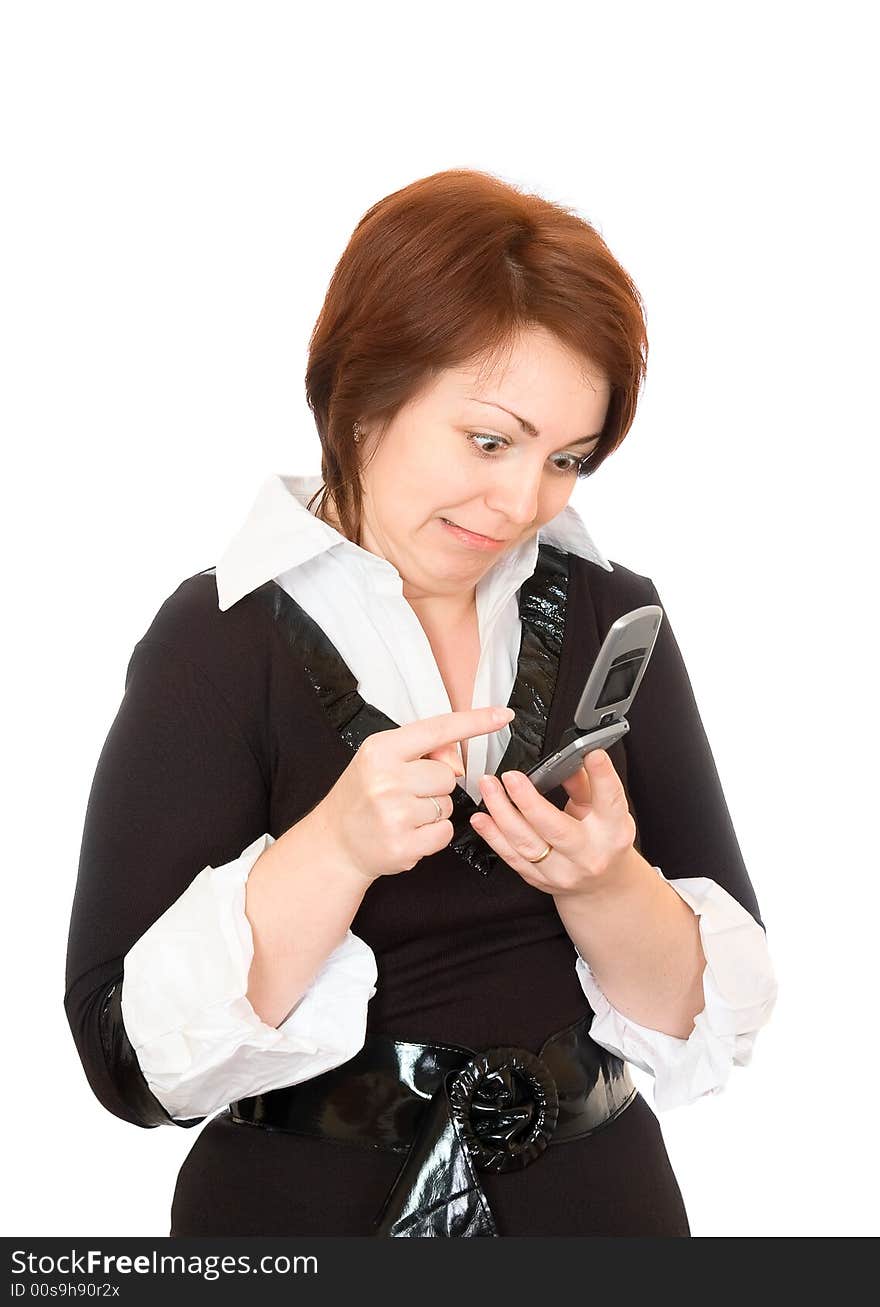 The scared girl with phone isolated on white