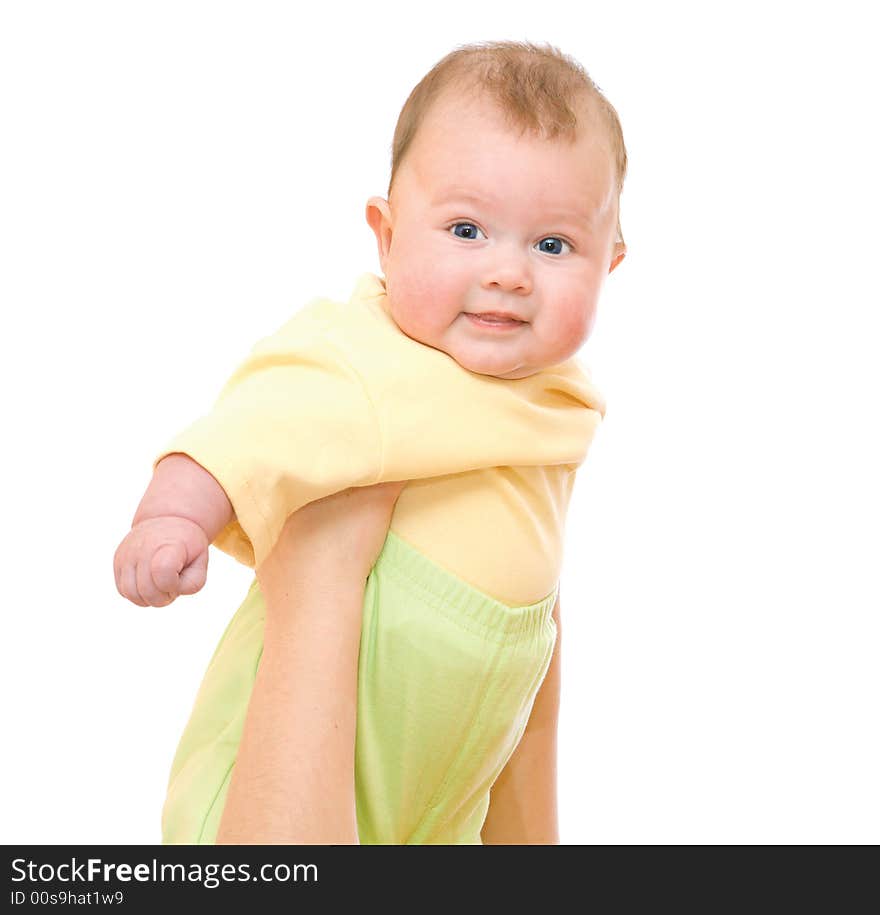 Smiling baby on the hands over white