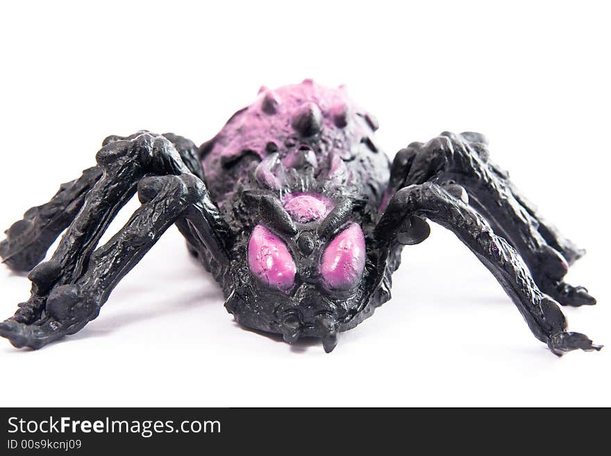 Single black toy spider white background macro. Single black toy spider white background macro