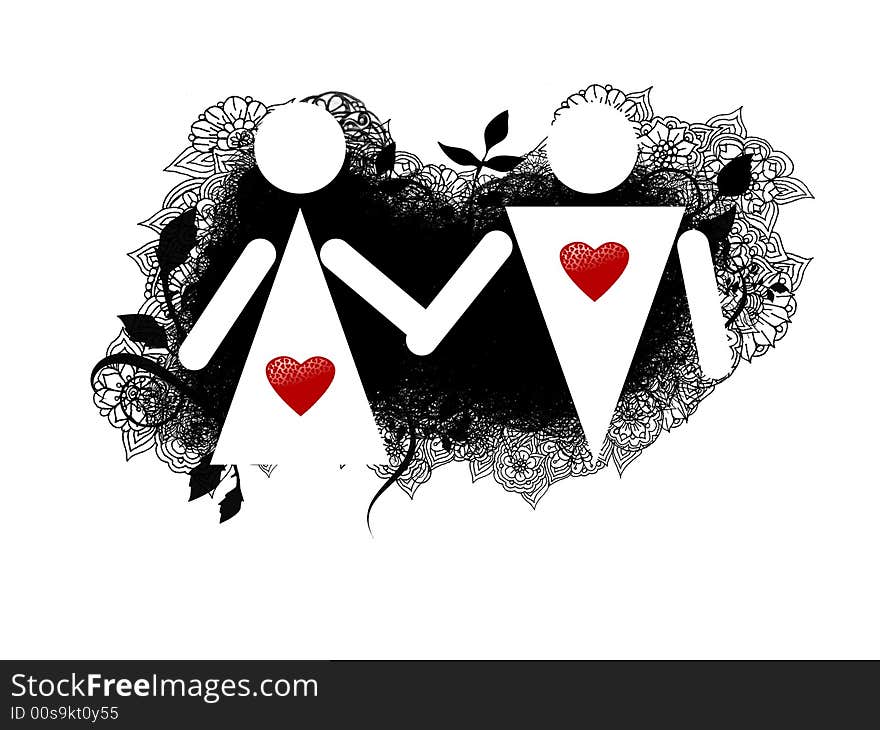 A silhouette of two loved man and woman at white background