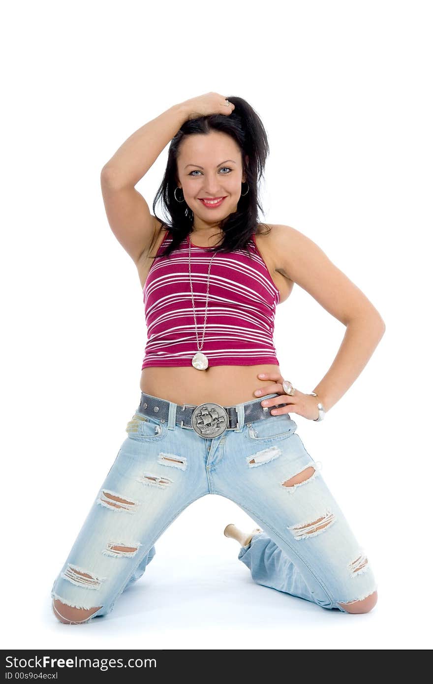 Portrait of the brunette with blue eye on white background