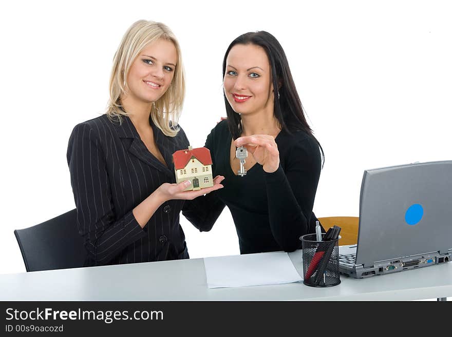 Business women advertises real estate on  white background