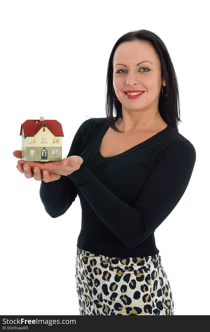 Business woman advertises real estate on white background