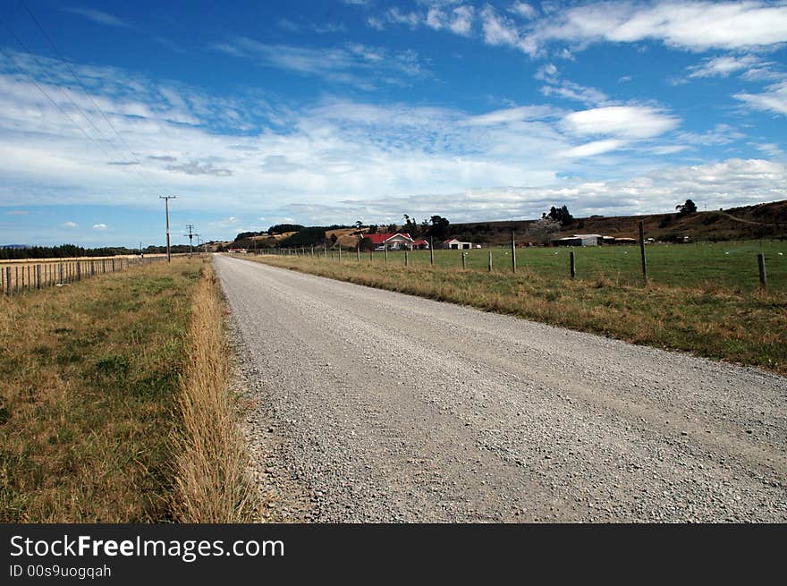 New Zealand country road and farmhouse