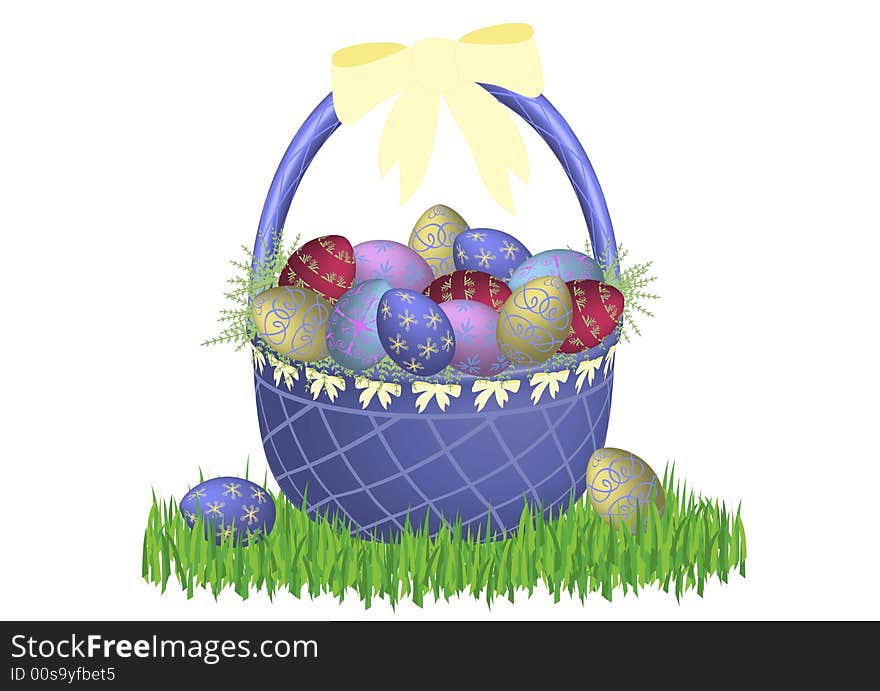 Illustration of easter basket in grass on white background. Illustration of easter basket in grass on white background