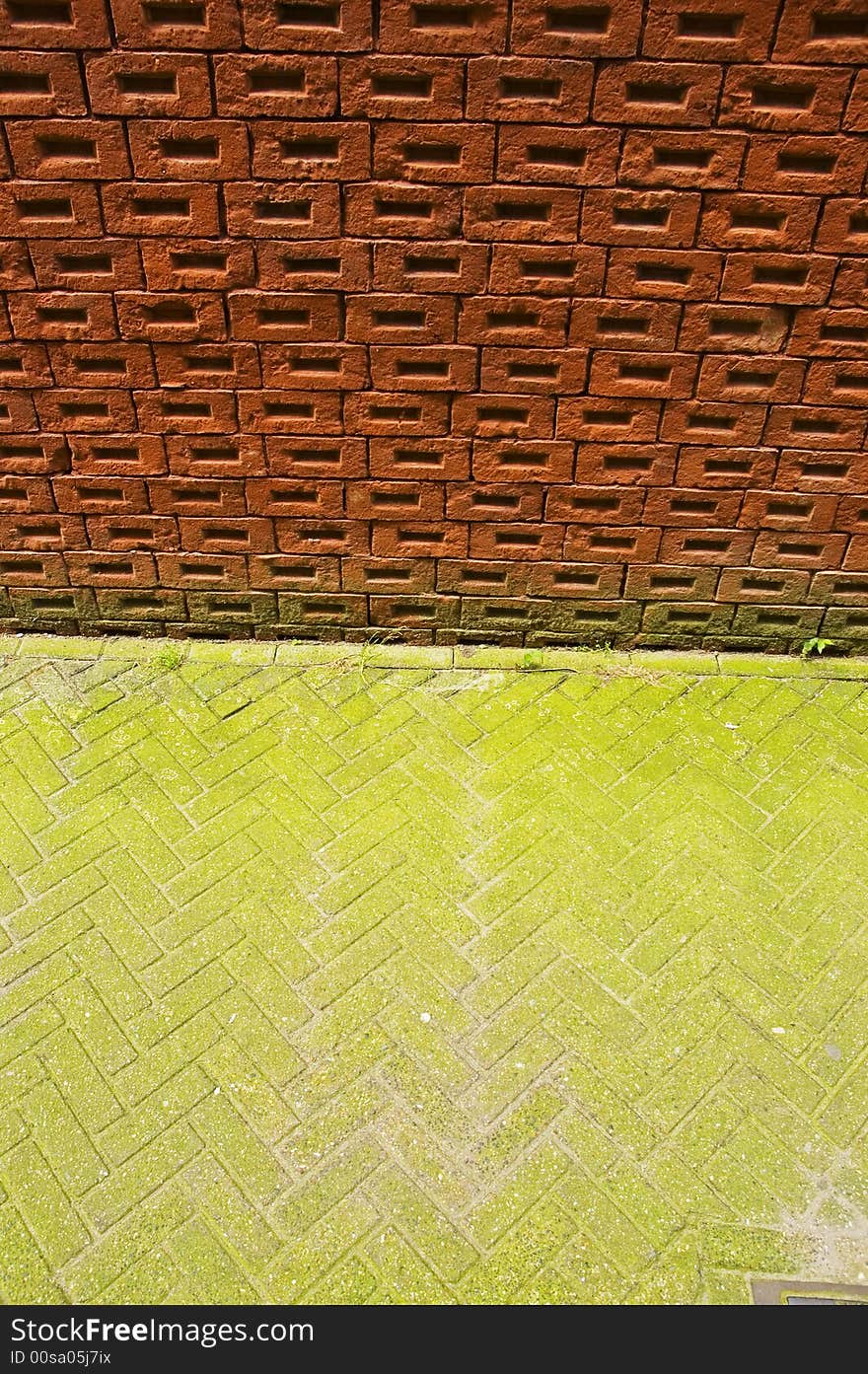 Brick wall and green pavement