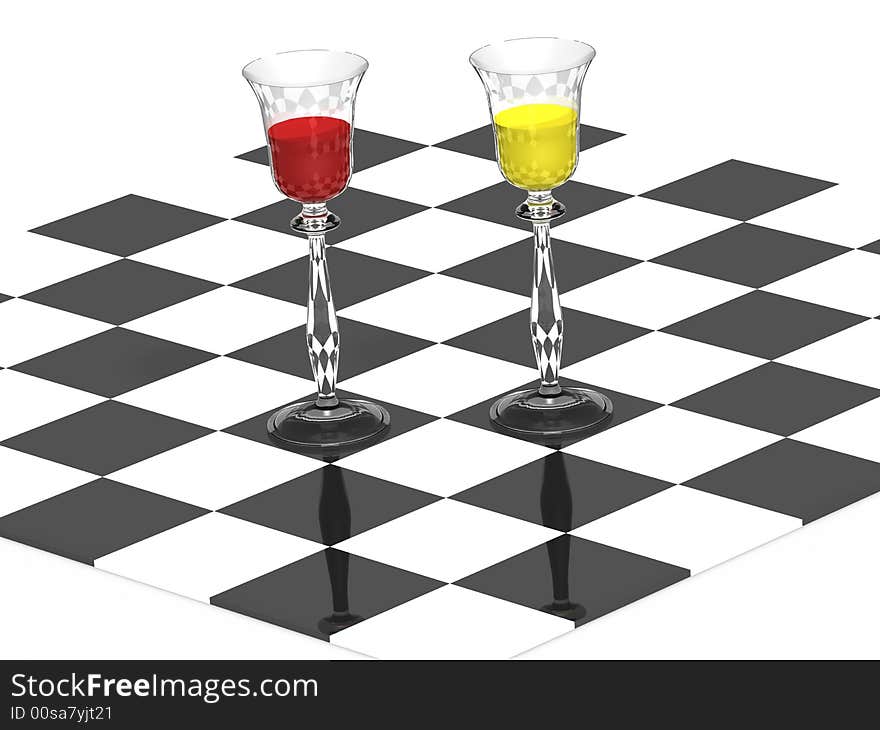 Glasses with red wine isolated on a white background. Game is ended. A meeting of opposing queens on a chessboard. Glasses with red wine isolated on a white background. Game is ended. A meeting of opposing queens on a chessboard