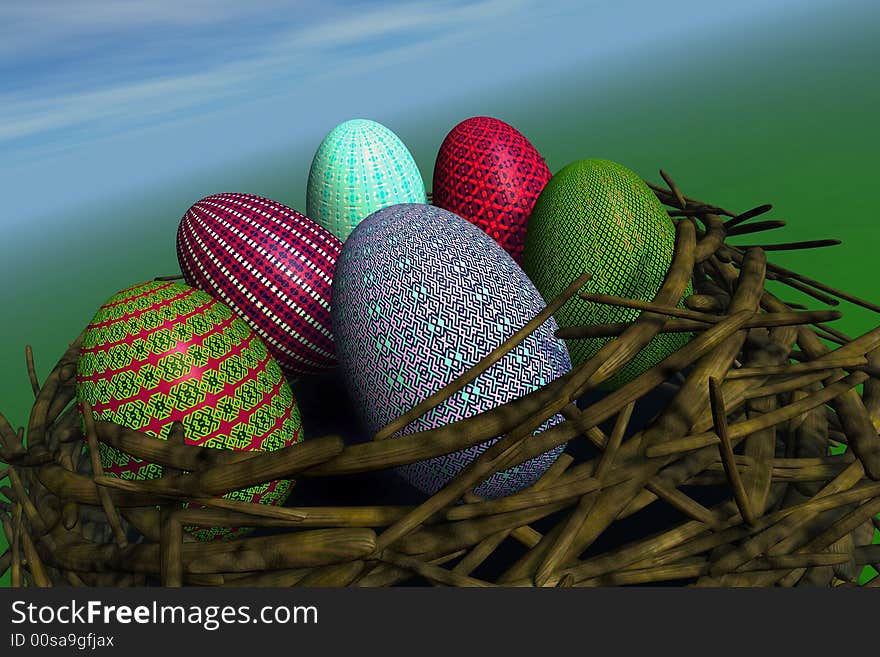 Easter eggs in a nest - 3d rendered illustration. Easter eggs in a nest - 3d rendered illustration