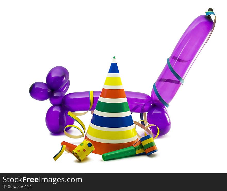 Party kit with hat, noise makers and balloon