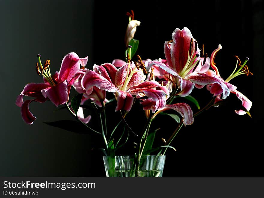 A bunch of lilies in a glass vase