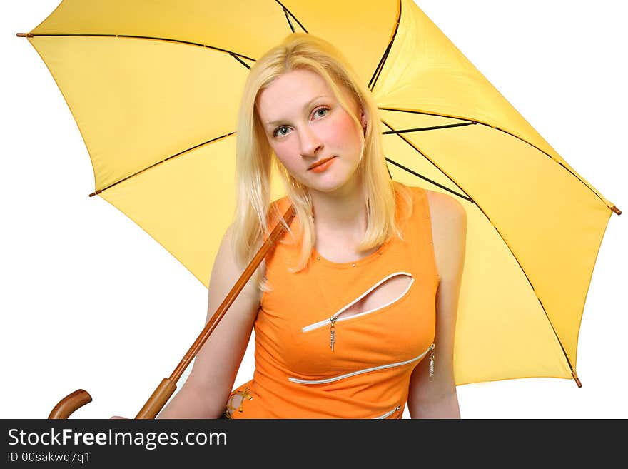 Beautiful young girl with yellow umbrella