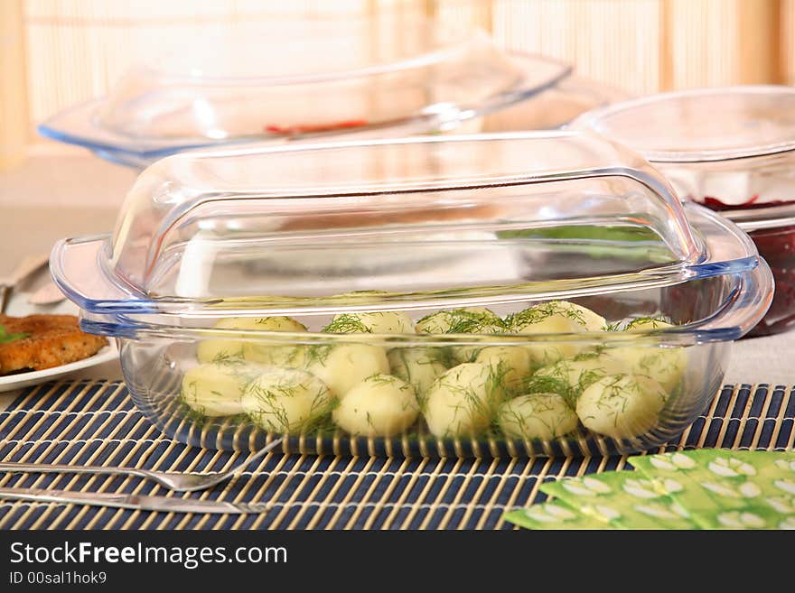 Dinner in the oven-proof dishes