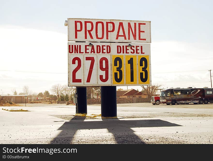 Billboard advertising the price of propane, diesel and unleaded gasoline. Billboard advertising the price of propane, diesel and unleaded gasoline.