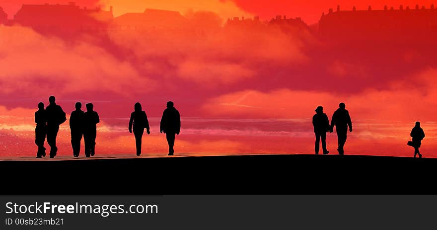 Silhouettes of people on Scarborough pier. People filled with black. Silhouettes of people on Scarborough pier. People filled with black.