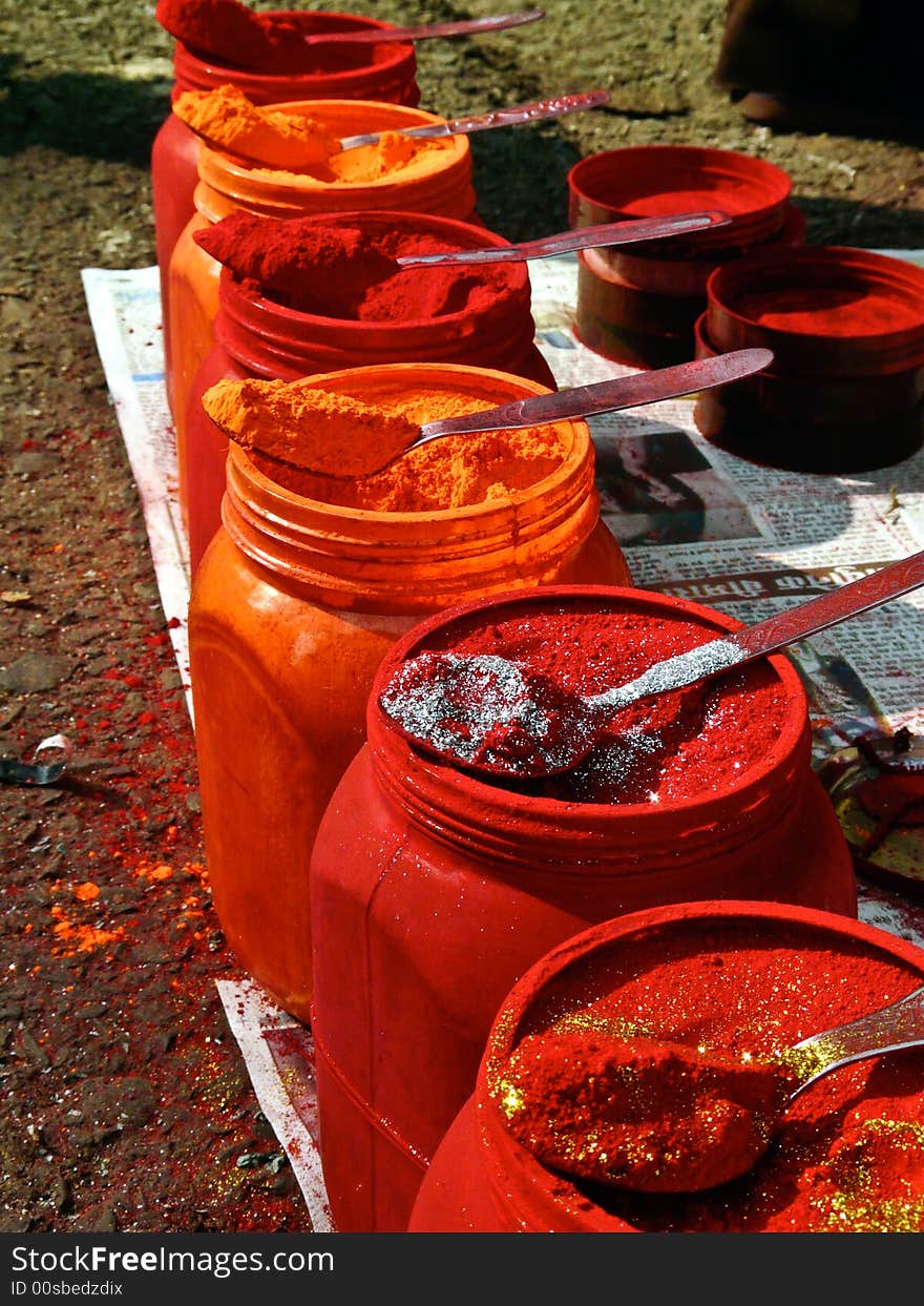 Colored powder for brides at a market in Kolkata. Colored powder for brides at a market in Kolkata