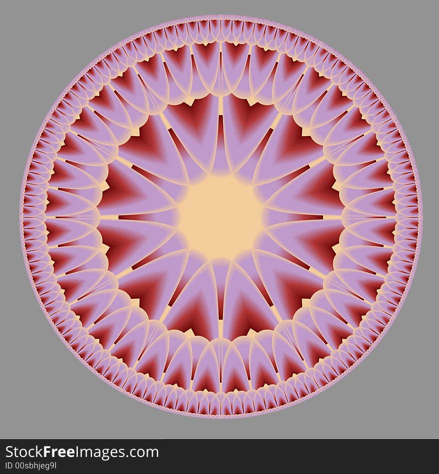 A fractal designed in the colors on the warm side of the spectrum to look like a sunburst.