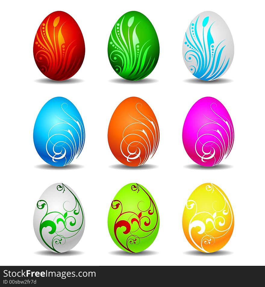 Nine Color Easter Eggs On White Background