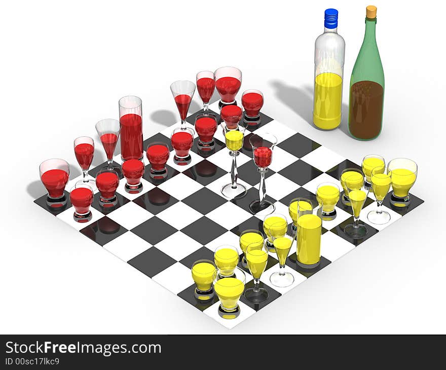 Chessboard with the wine filled glasses and wine-bottles on a white background. Chessboard with the wine filled glasses and wine-bottles on a white background.