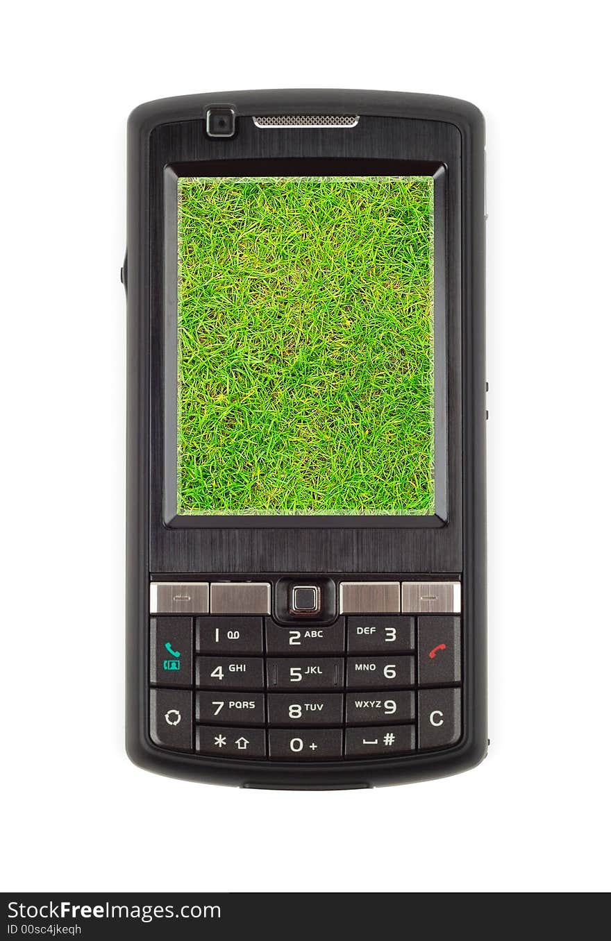 Modern communicator with green grass within display isolated over white. 2 Clipping paths included. Modern communicator with green grass within display isolated over white. 2 Clipping paths included.