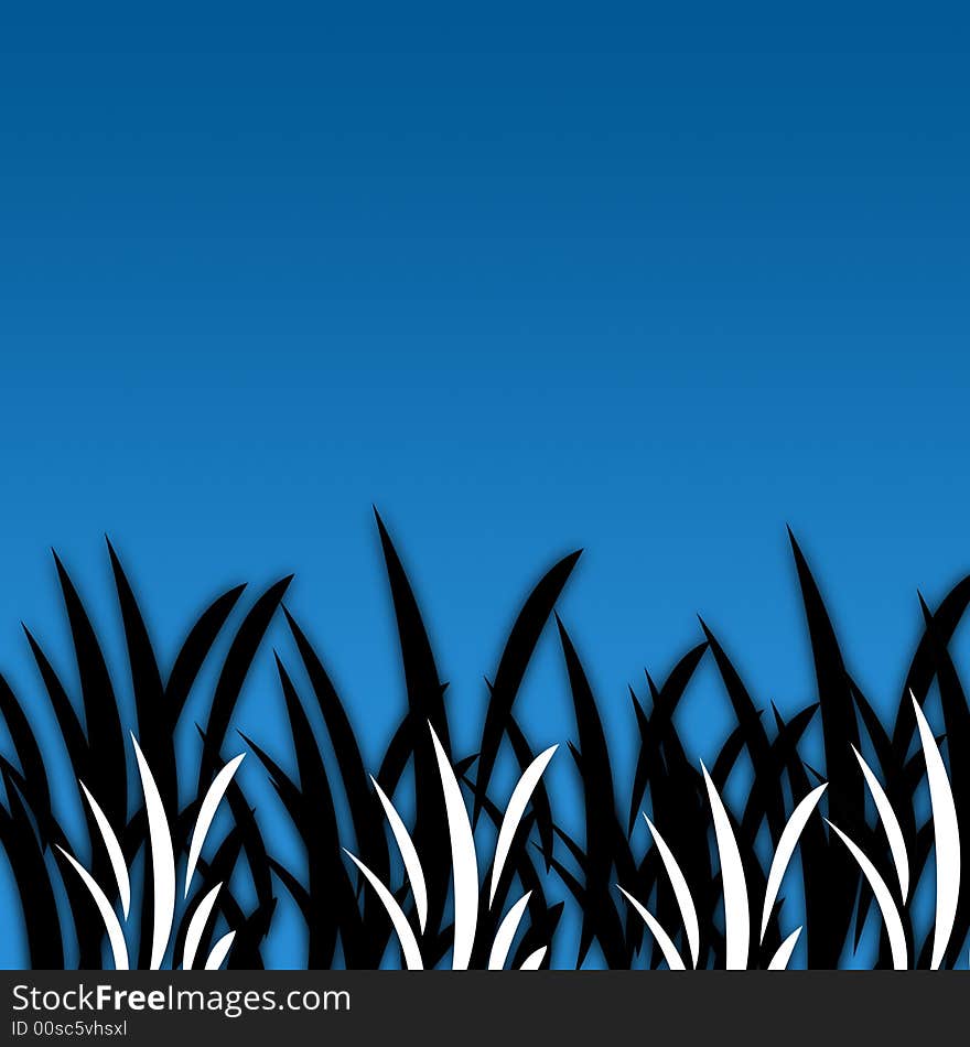 A Black&White Illustration of Grass on a Dark Blue Sky. A Black&White Illustration of Grass on a Dark Blue Sky