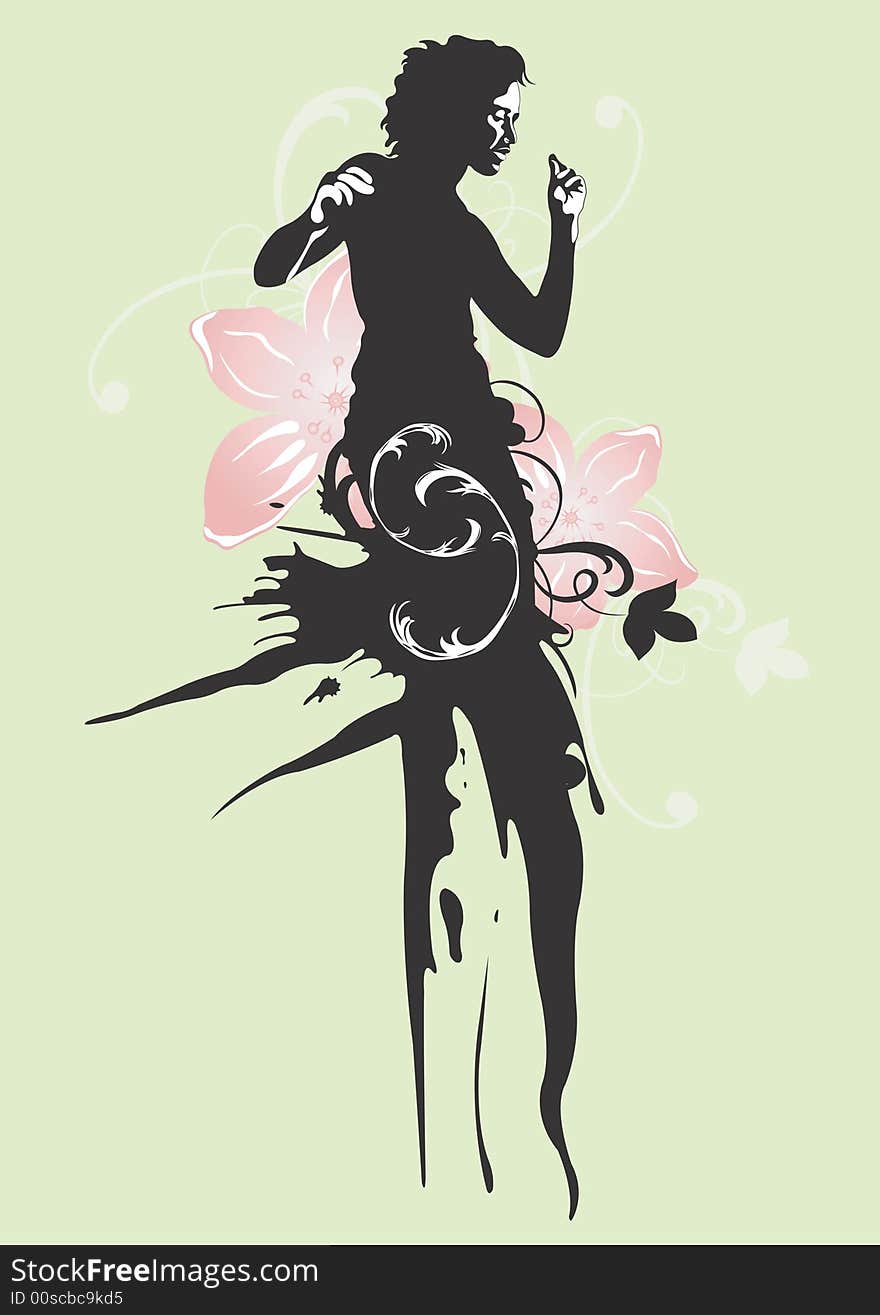 Illustration of a dancing woman and decorative patterns